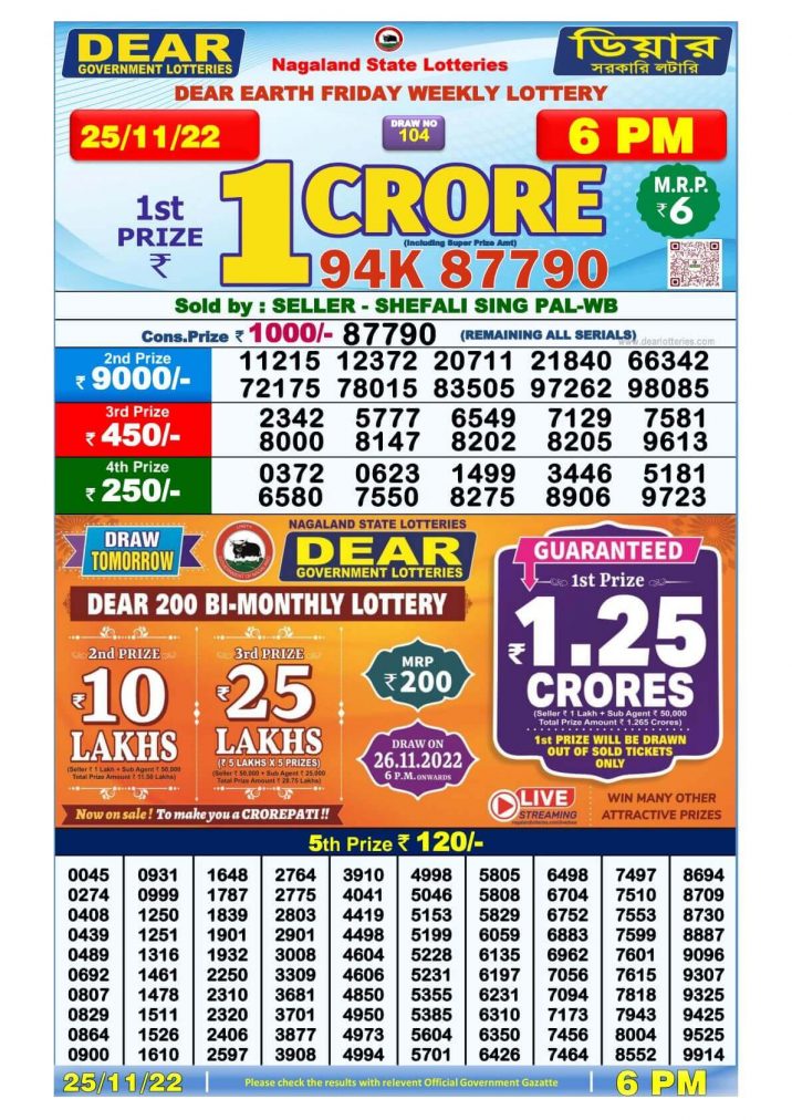 DEAR LOTTERY 6 PM 25 NOV 2022 - All India Lottery Results