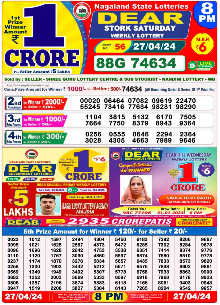 Dear Daily 8 Pm Result Lottery 27 April 2024 All India Lottery Results