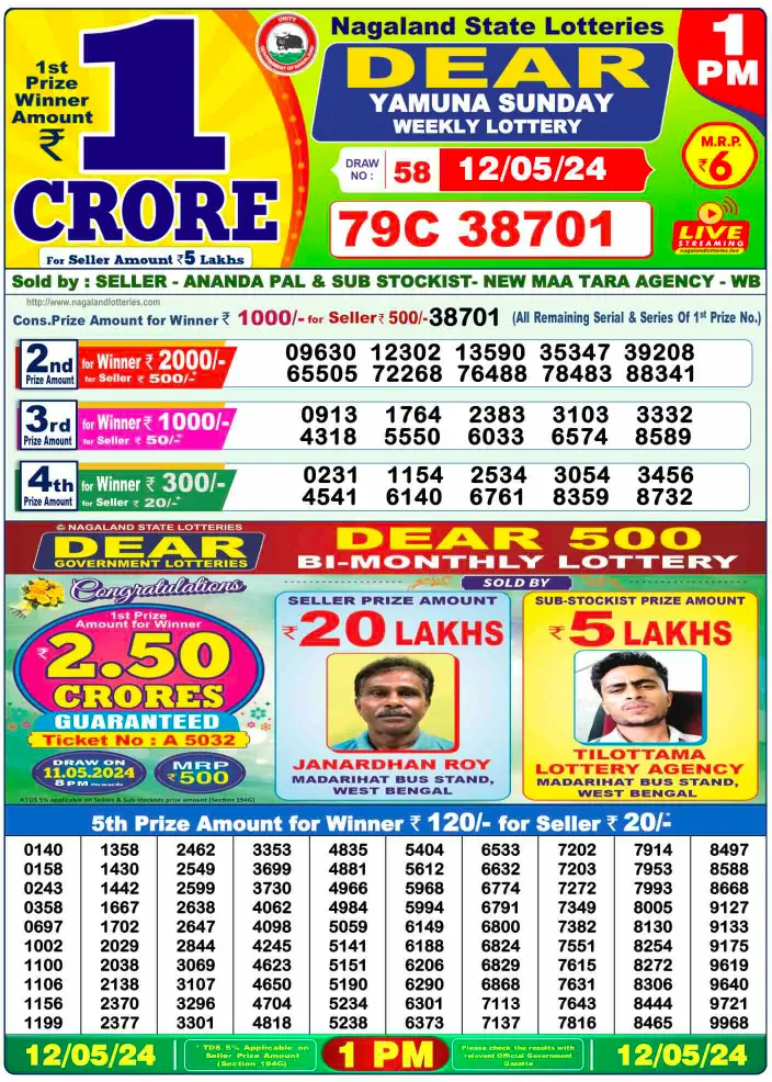 Dear Daily 1Pm Result Lottery 12 May 2024 All India Lottery Results